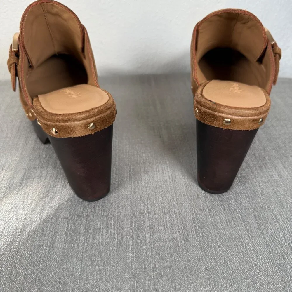 Madewell The Wes Buckle-Strap Clog Brown Suede Gold Studded Heels Platform 7